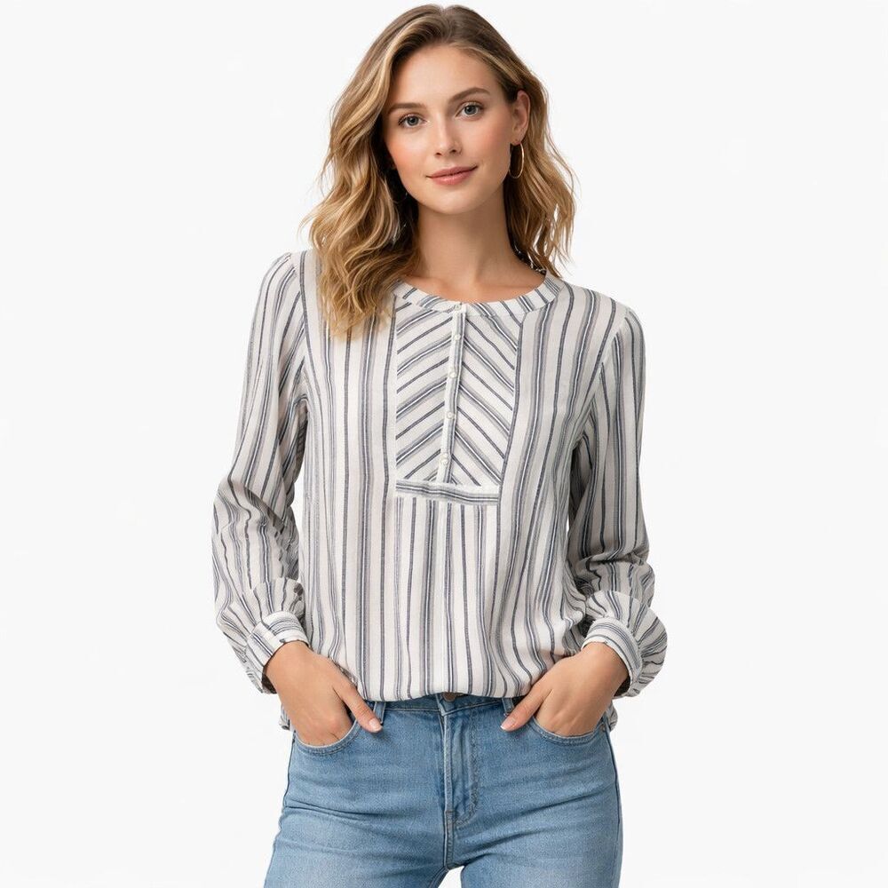Soft Surroundings Tunic Blouse Womens Medium White Striped Henley Shirt Casual